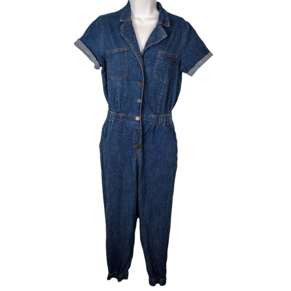 NOBO No Boundaries‎ Women M Blue Denim Short Sleeve Utility Jumpsuit Boiler Suit